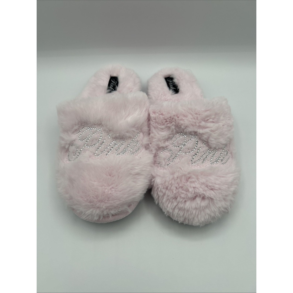 Victoria's Secret PINK Slippers Large Faux Fur Plush Baby Pink Bling Logo NWT